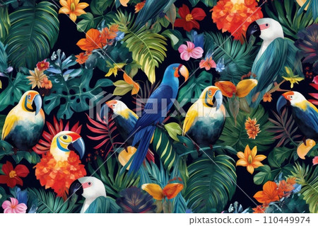 AI-generated content. Tropical exotic pattern with animal and flowers in bright colors and lush vegetation. Ai Generative. 110449974