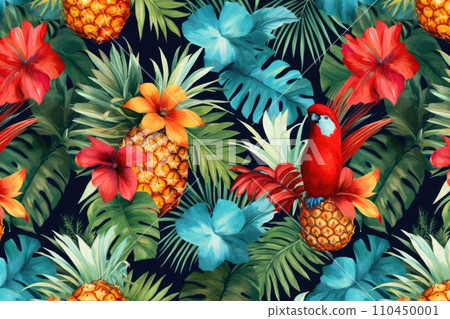 AI-generated content. Tropical exotic pattern with animal and flowers in bright colors and lush vegetation. Ai Generative. 110450001