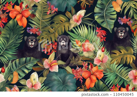AI-generated content. Tropical exotic pattern with animal and flowers in bright colors and lush vegetation. Ai Generative. 110450045