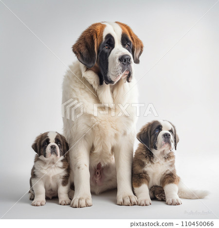 Saint Bernard dog with puppies close up portrait isolated on white background. Cute pet, loyal friend, good companion Saint Bernard dog with puppies close up portrait isolated on white background. Cute pet, loyal friend, good companion 110450066