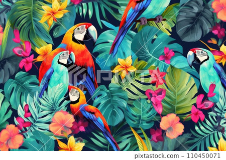 AI-generated content. Tropical exotic pattern with animal and flowers in bright colors and lush vegetation. Ai Generative. 110450071