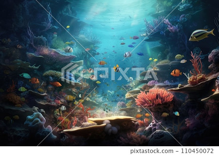 AI-generated content. Tropical sea underwater fishes on coral reef. Aquarium oceanarium wildlife colorful marine panorama landscape nature snorkel diving. AI Generative. 110450072