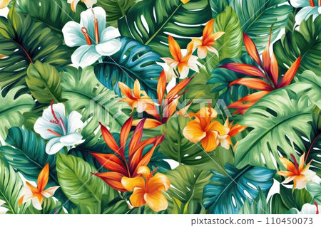AI-generated content. Tropical exotic pattern with animal and flowers in bright colors and lush vegetation. Ai Generative. AI-generated content. Tropical exotic pattern with animal and flowers in bright colors and lush vegetation. Ai Generative. 110450073