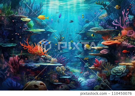 AI-generated content. Tropical sea underwater fishes on coral reef. Aquarium oceanarium wildlife colorful marine panorama landscape nature snorkel diving. AI Generative. AI-generated content. Tropical sea underwater fishes on coral reef. Aquarium oceanarium wildlife colorful marine panorama landscape nature snorkel diving. AI Generative. 110450076