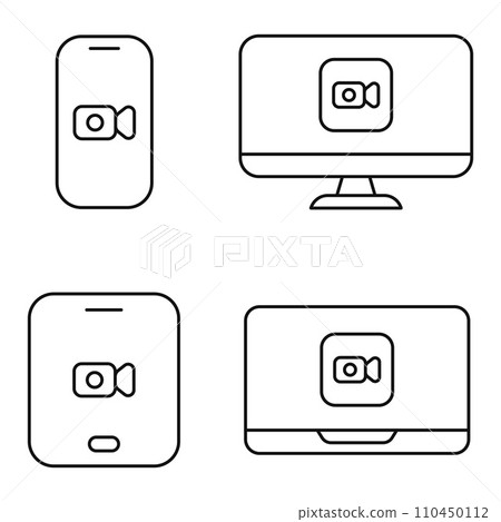 video call camera icon on pc laptop smartphone tablet line icon set vector flat illustration 110450112