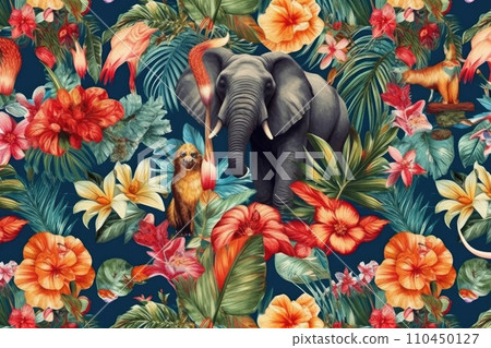 AI-generated content. Tropical exotic pattern with animal and flowers in bright colors and lush vegetation. Ai Generative. 110450127