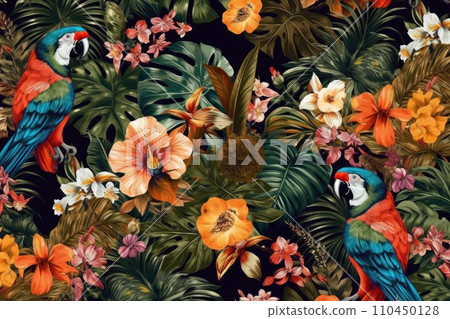 AI-generated content. Tropical exotic pattern with animal and flowers in bright colors and lush vegetation. Ai Generative. 110450128