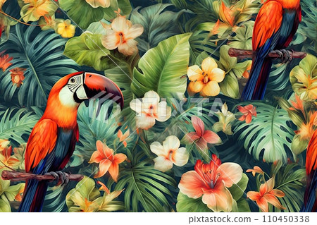 AI-generated content. Tropical exotic pattern with animal and flowers in bright colors and lush vegetation. Ai Generative. 110450338