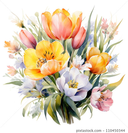 watercolor spring flowers bouqut isolated 110450344