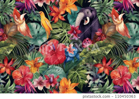 AI-generated content. Tropical exotic pattern with animal and flowers in bright colors and lush vegetation. Ai Generative. AI-generated content. Tropical exotic pattern with animal and flowers in bright colors and lush vegetation. Ai Generative. 110450363