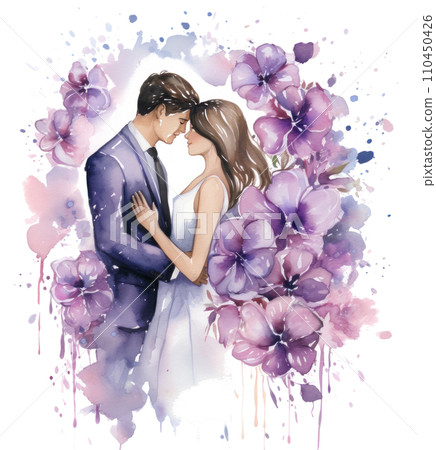 watercolor wedding scene of the flower petals in background with purple flowers watercolor wedding scene of the flower petals in background with purple flowers 110450426