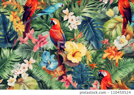 AI-generated content. Tropical exotic pattern with animal and flowers in bright colors and lush vegetation. Ai Generative. AI-generated content. Tropical exotic pattern with animal and flowers in bright colors and lush vegetation. Ai Generative. 110450524
