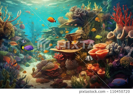 AI-generated content. Tropical sea underwater fishes on coral reef. Aquarium oceanarium wildlife colorful marine panorama landscape nature snorkel diving. AI Generative. 110450720