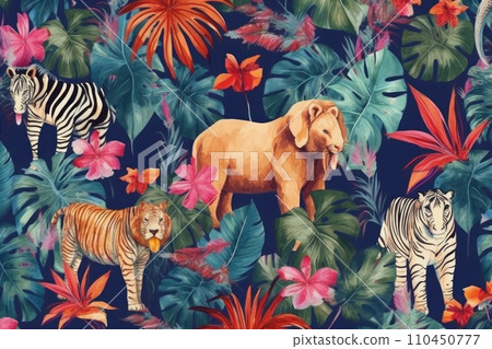 AI-generated content. Tropical exotic pattern with animal and flowers in bright colors and lush vegetation. Ai Generative. 110450777
