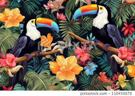 AI-generated content. Tropical exotic pattern with animal and flowers in bright colors and lush vegetation. Ai Generative. 110450878