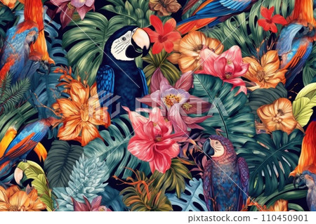 AI-generated content. Tropical exotic pattern with animal and flowers in bright colors and lush vegetation. Ai Generative. 110450901