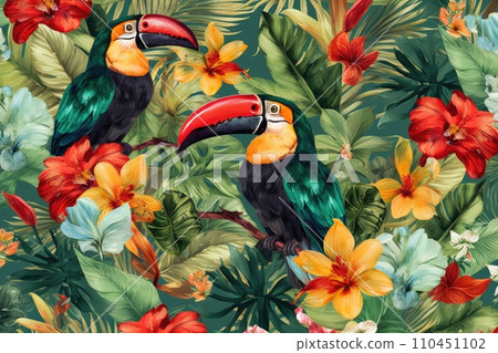 AI-generated content. Tropical exotic pattern with animal and flowers in bright colors and lush vegetation. Ai Generative. 110451102