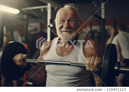 Bodybuilder. Elderly pensioner old man lifts a barbell in gym smiling. Bodybuilder. Elderly pensioner old man lifts a barbell in gym smiling. 110451123