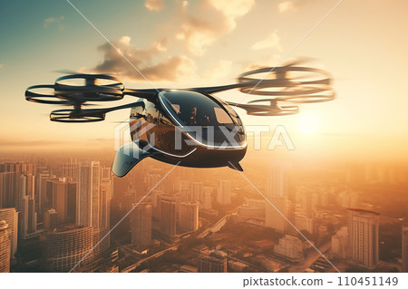 Flying car in sky. Electric air car flight above a cityscape. Flying car in sky. Electric air car flight above a cityscape. 110451149