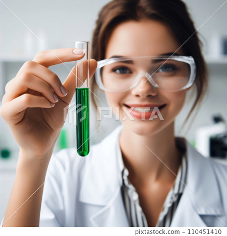 Woman Scientist Holding a Test Tube with Green Liquid, AI Generated 110451410