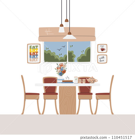 Flat dining room interior design scene with window 110451517