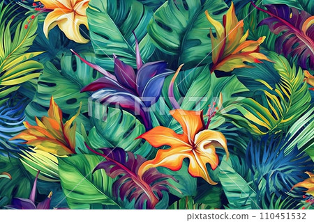 AI-generated content. Tropical exotic pattern with animal and flowers in bright colors and lush vegetation. Ai Generative. 110451532