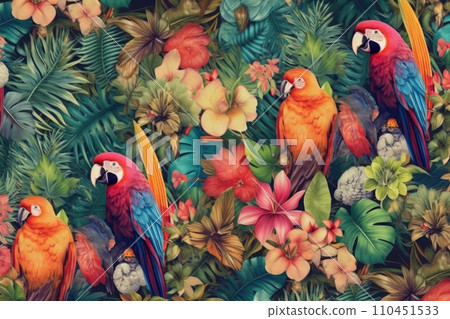AI-generated content. Tropical exotic pattern with animal and flowers in bright colors and lush vegetation. Ai Generative. 110451533