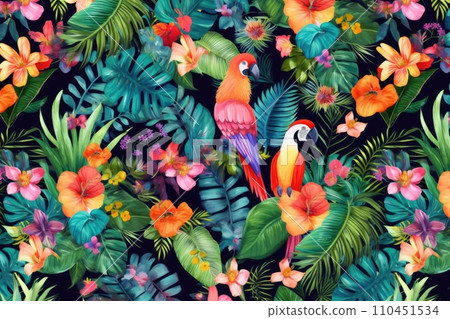AI-generated content. Tropical exotic pattern with animal and flowers in bright colors and lush vegetation. Ai Generative. 110451534