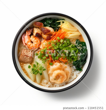 Asian food, plate rice with shrimp and vegetables isolated on white background. Top view Asian food, plate rice with shrimp and vegetables isolated on white background. Top view 110451551
