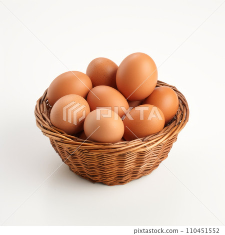 Fresh chicken eggs in woven basket are isolated on white background Fresh chicken eggs in woven basket are isolated on white background 110451552