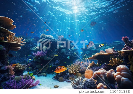 AI-generated content. Tropical sea underwater fishes on coral reef. Aquarium oceanarium wildlife colorful marine panorama landscape nature snorkel diving. AI Generative. 110451588