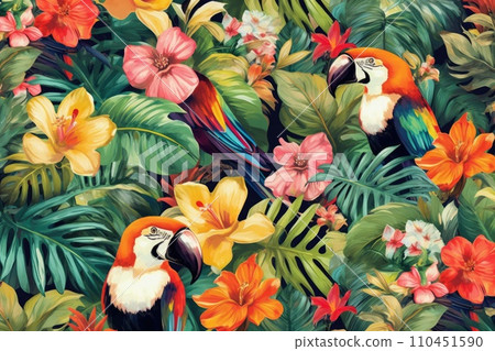 AI-generated content. Tropical exotic pattern with animal and flowers in bright colors and lush vegetation. Ai Generative. 110451590