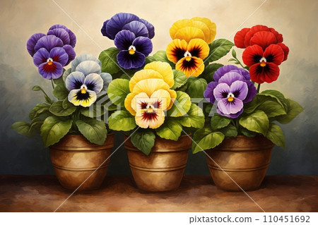 Colorful multicolored flowers Pansies in a pot on the table on the background of a colored wall Colorful multicolored flowers Pansies in a pot on the table on the background of a colored wall 110451692