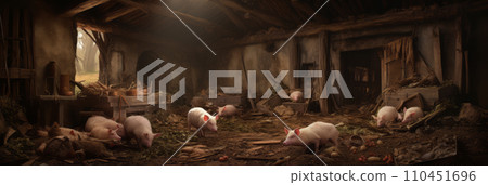 Pigs in a pigsty in the backyard 110451696