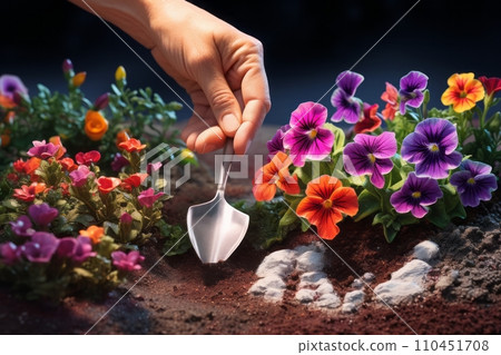 Gardener planting spring and summer flowers in his backyard, home decorating with flowers Gardener planting spring and summer flowers in his backyard, home decorating with flowers 110451708