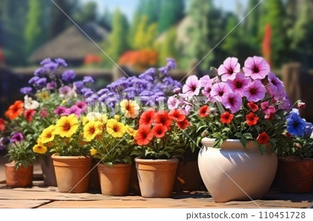 Beautiful colorful variety of spring and summer flowers in pots on the patio 110451728