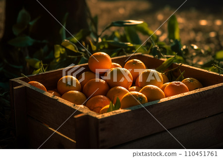 Oranges in box after harvesting orange on field, wooden box with oranges sweet fruits. 110451761