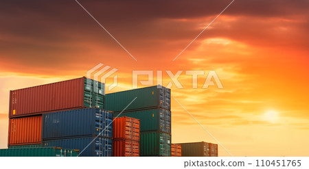Shipping containers in sea port on sunse. Logistics concept. Shipping containers in sea port on sunse. Logistics concept. 110451765