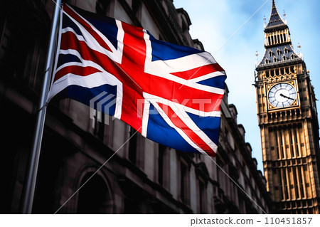 City of London flag background. London Big Ben, Elizabeth tower in England and flag of Great Britain 110451857