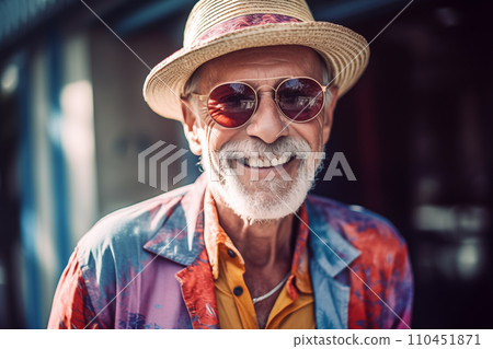 Cheerful retired grandfather in bright clothes. Elderly man with a face smile. 110451871
