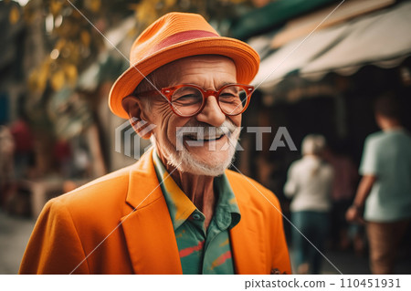 Elderly man with a cheerful smile. Grandfather in glasses and fashionable clothes on vacation 110451931