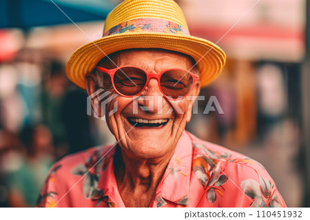 Elderly man with a cheerful smile. Grandfather in glasses and fashionable clothes on vacation 110451932