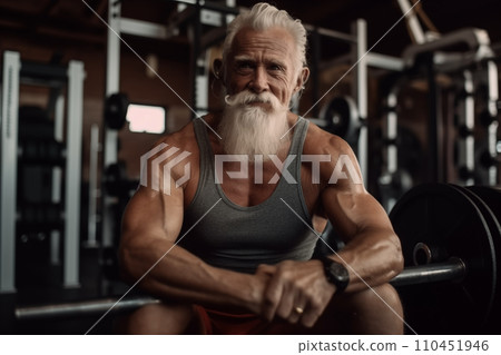 Elderly pensioner old man smiling in gym. 60-70 Year Old Bodybuilder. 110451946