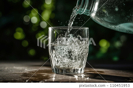 Drink water pouring in to glass mug from water plastic bottle on green background.  110451953