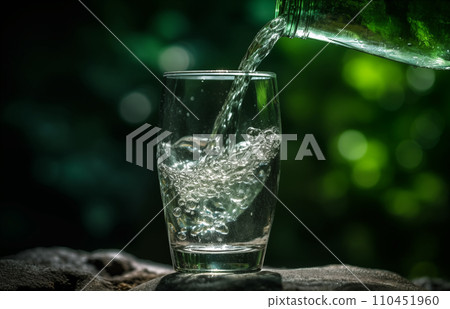 Drink water pouring in to glass mug from water plastic bottle on green background. Drink water pouring in to glass mug from water plastic bottle on green background. 110451960