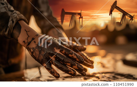 Oil pipeline and natural gas refinery. Crude oil production. Hands of a worker in crude oil 110451990