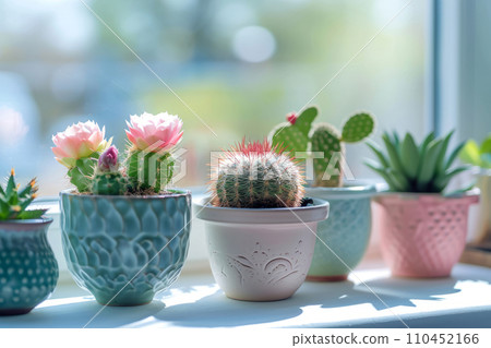 Cactus and succulents in pots on the windowsill. Generative AI 110452166