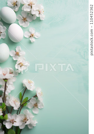 AI-generated content. Light green Easter background with eggs, flowers and copy space for text. Soft, pastel colors. Tranquil and joyful scene. Perfect for holiday-themed designs, greeting cards 110452362