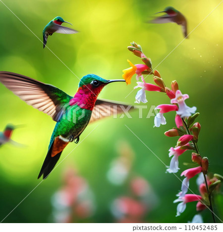 Hummingbird Feeding on Bright Flowers, AI Generated 110452485