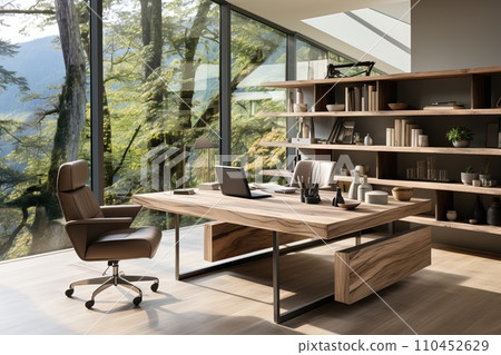 Workspace with spacious, ergonomic desk. Ergonomic furniture design with clean lines Workspace with spacious, ergonomic desk. Ergonomic furniture design with clean lines 110452629